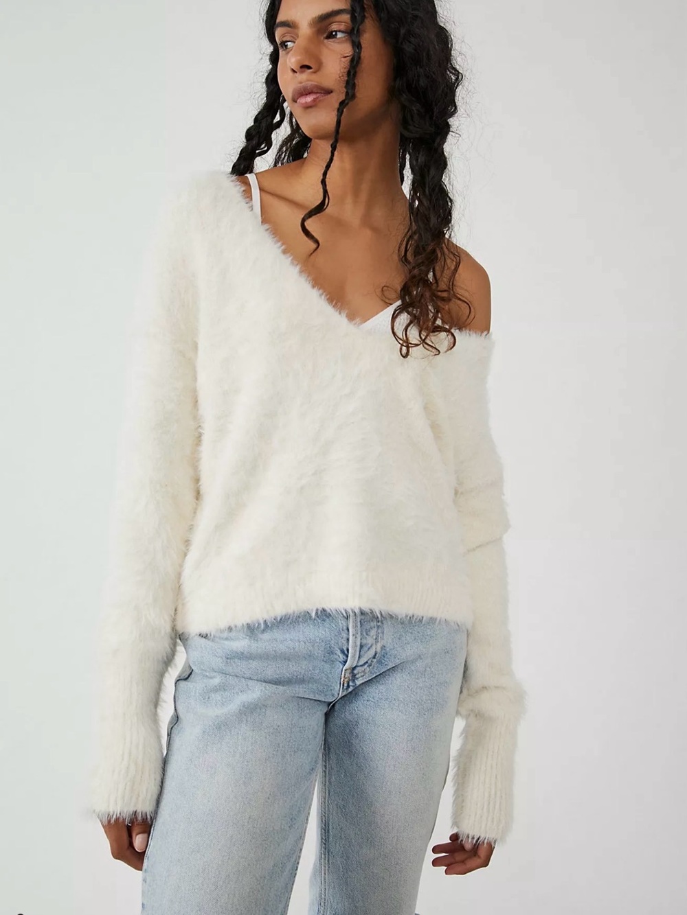 Free People Fuzzy Off-Shoulder V-Neck Sweater in Cream